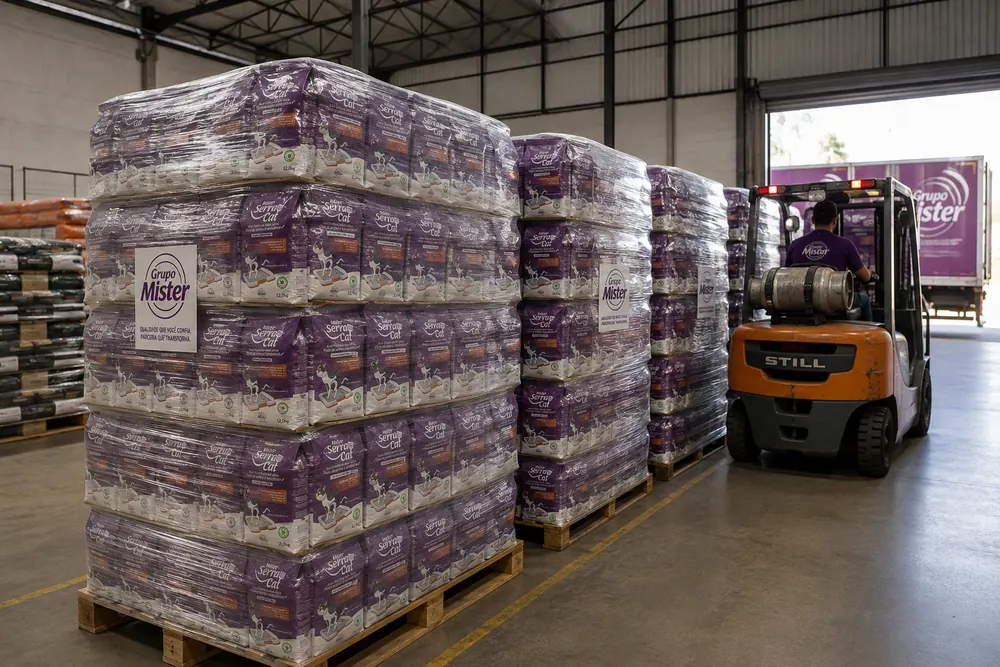 Paletes de sacos envelopados no galpão, com empilhadeira carregando o caminhão