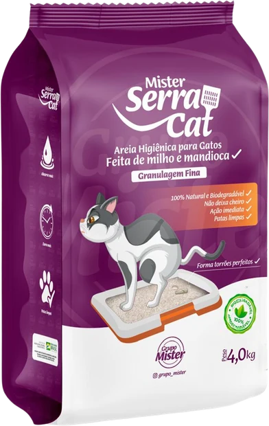 Embalagem de 4 kg da areia higiênica Mister SerraCat, granulagem fina